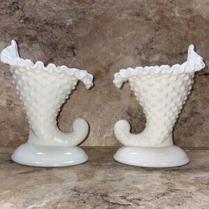 Vintage Fenton White Milk Glass Hobnail Ruffle Edge Cornucopia Candle Holder